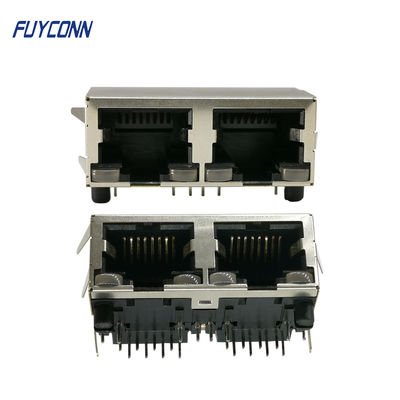 2 Ports 16 Pin PCB Right Angle Female RJ45 Connector With PBT Insulator